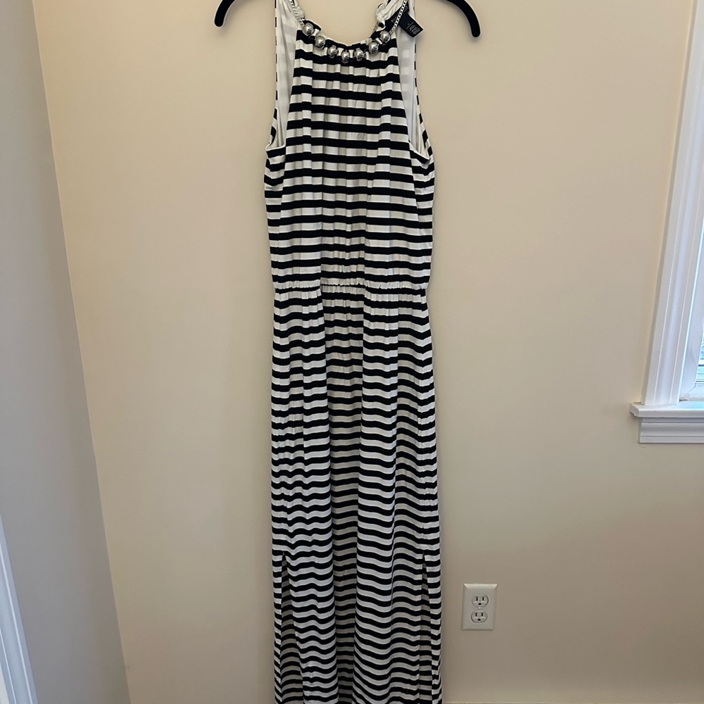 WHBM Black and White Striped Maxi Halter Dress